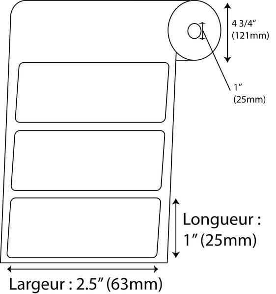 Étiquettes Rectangle 2.5" x 1" direct thermal blanc en rouleau jumbo de 2500 - Fournitures Big Ben