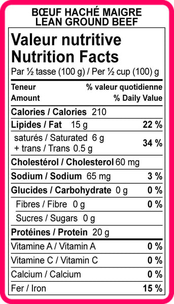 Étiquettes Valeurs Nutritives viandes hachées (Plusieurs choix disponibles) - Fournitures Big Ben