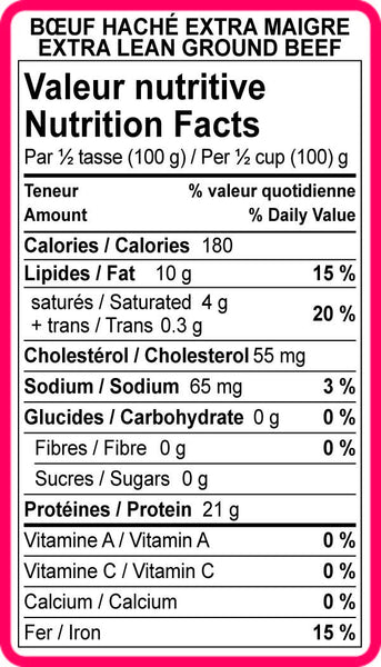 Étiquettes Valeurs Nutritives viandes hachées (Plusieurs choix disponibles) - Fournitures Big Ben