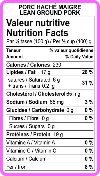 Étiquettes Valeurs Nutritives viandes hachées (Plusieurs choix disponibles) - Fournitures Big Ben